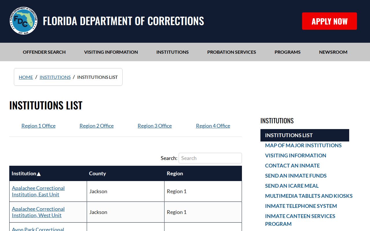 FDC directory confirming Former Hendry Correctional Institution is not active