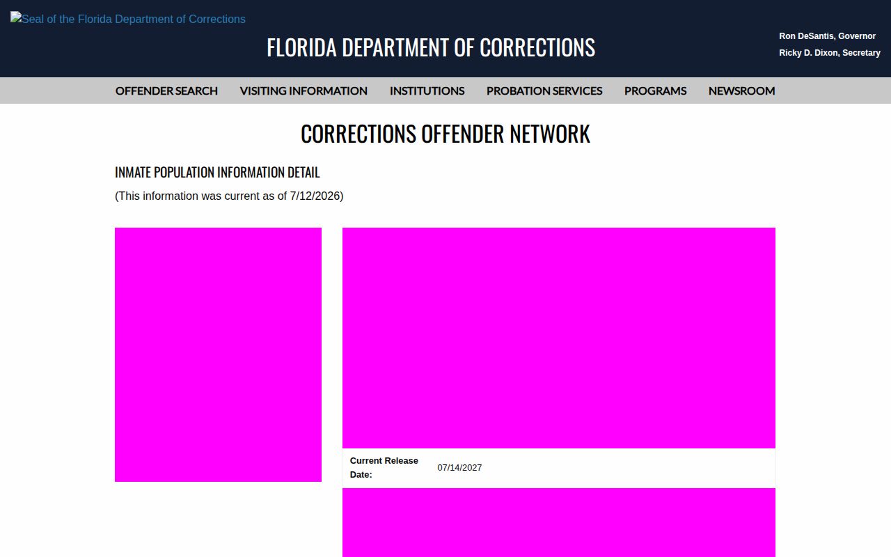 Redacted FDC detail showing a Current Release Date for Hendry County release date lookup