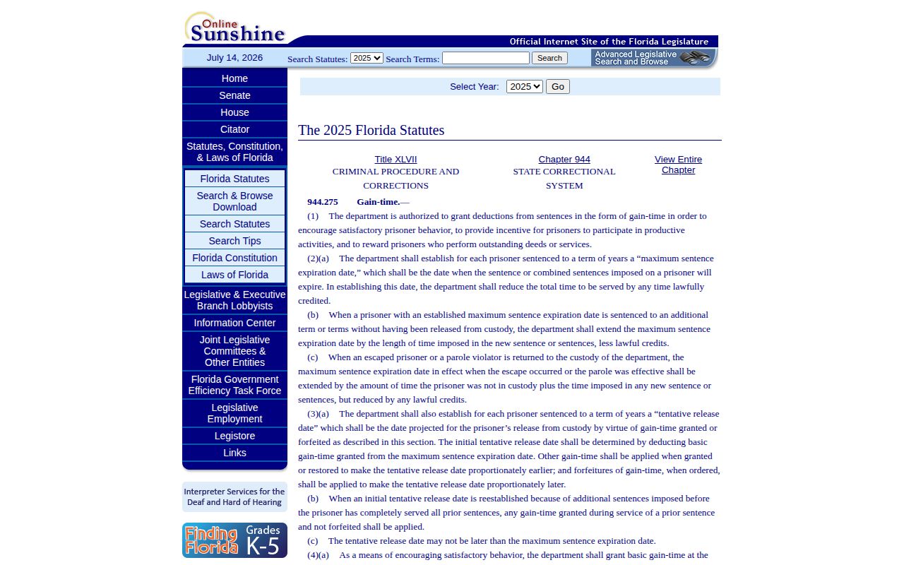 Florida tentative release date and 85 percent statute for Hendry County release calculations