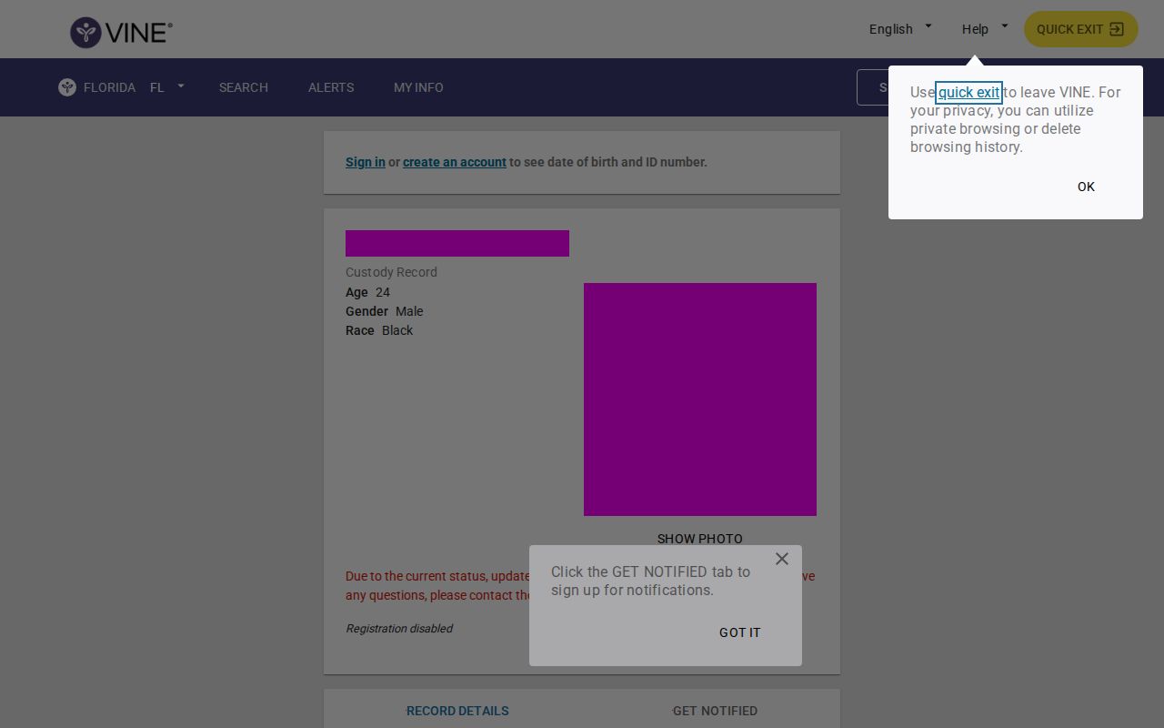 Redacted person-specific Hendry County VINE inmate check and notification action